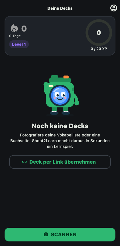 App-Screenshot: Startseite mit dem Knopf „Scannen“