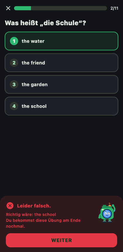 App-Screenshot: Feedback nach einer richtigen Antwort