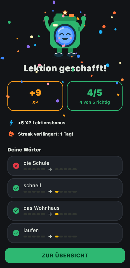 App-Screenshot: Ergebnis einer Lektion mit XP