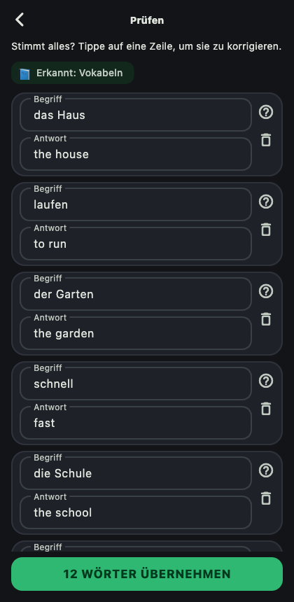 App-Screenshot: gefundene Vokabelpaare prüfen