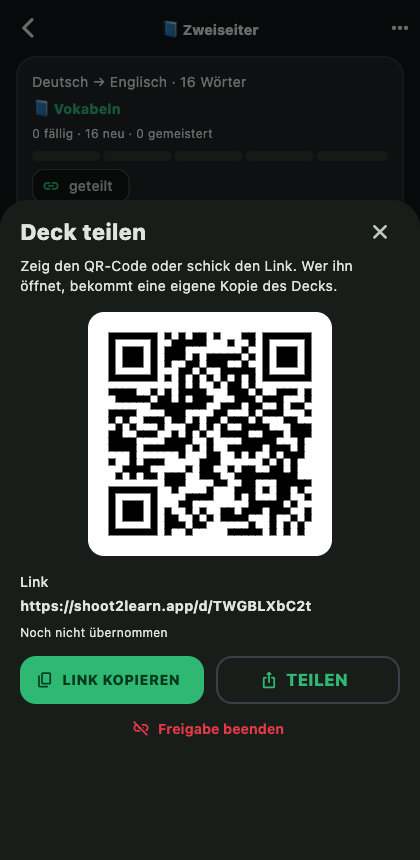App-Screenshot: Deck mit Link und QR-Code teilen
